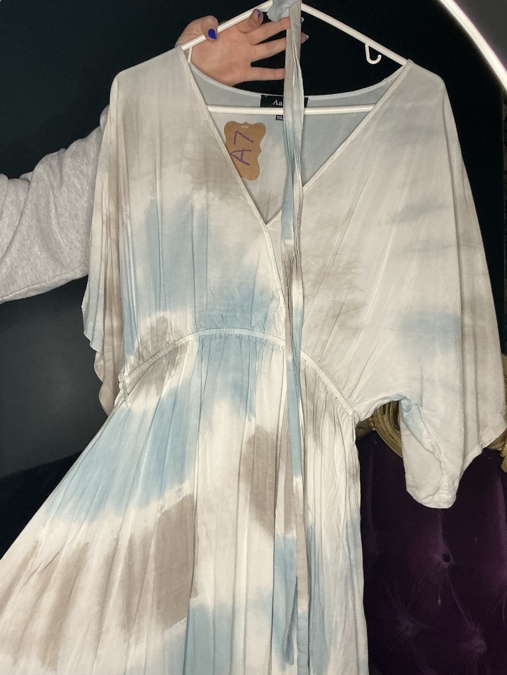 Aakaa Tie-Dye V-Neck Maxi Dress in Light Blue, Cream & Taupe